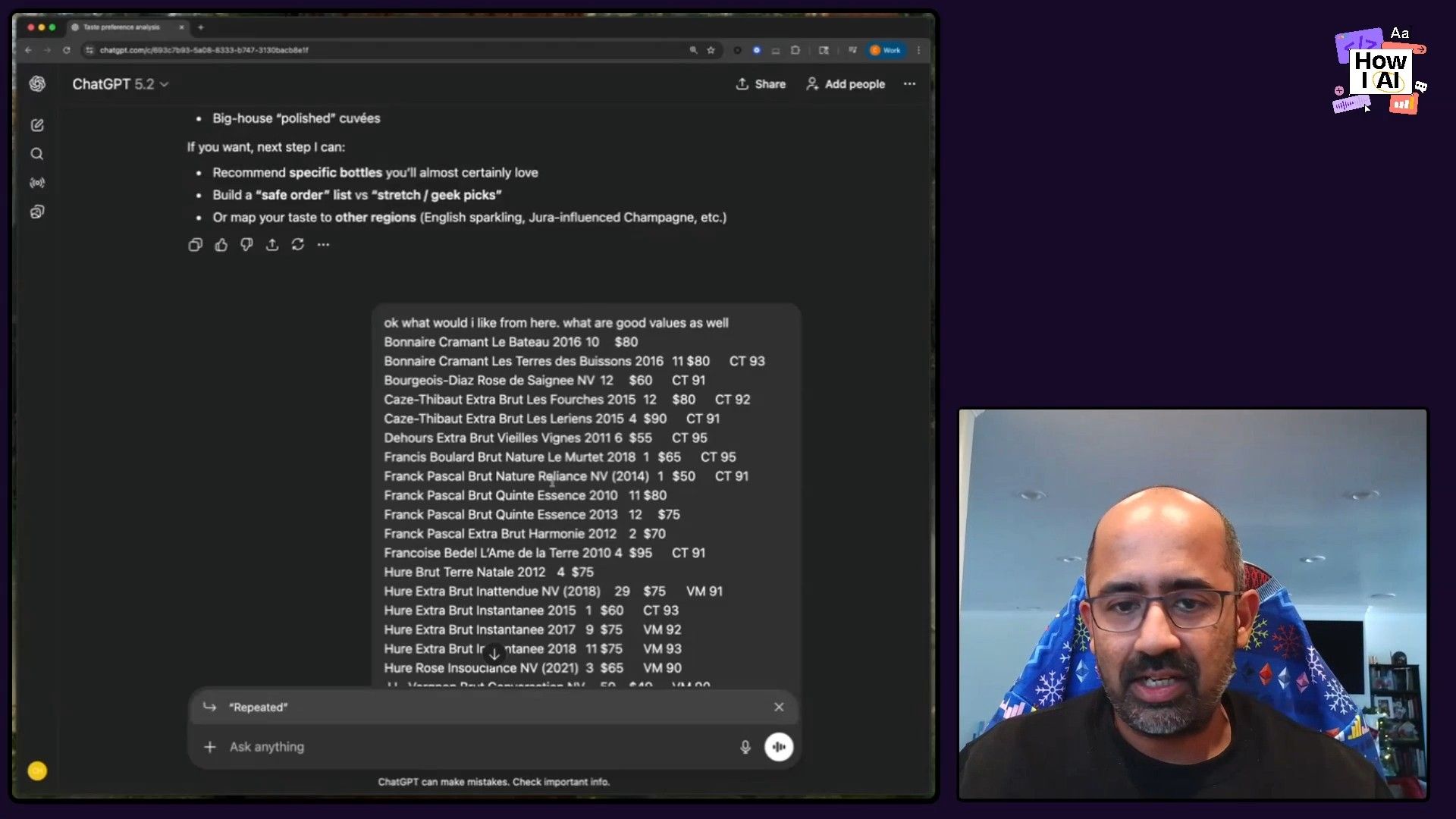 ChatGPT 5.2 analyzing a wine list, providing specific recommendations and value assessments, demonstrating an AI's capability in detailed content analysis for user queries.