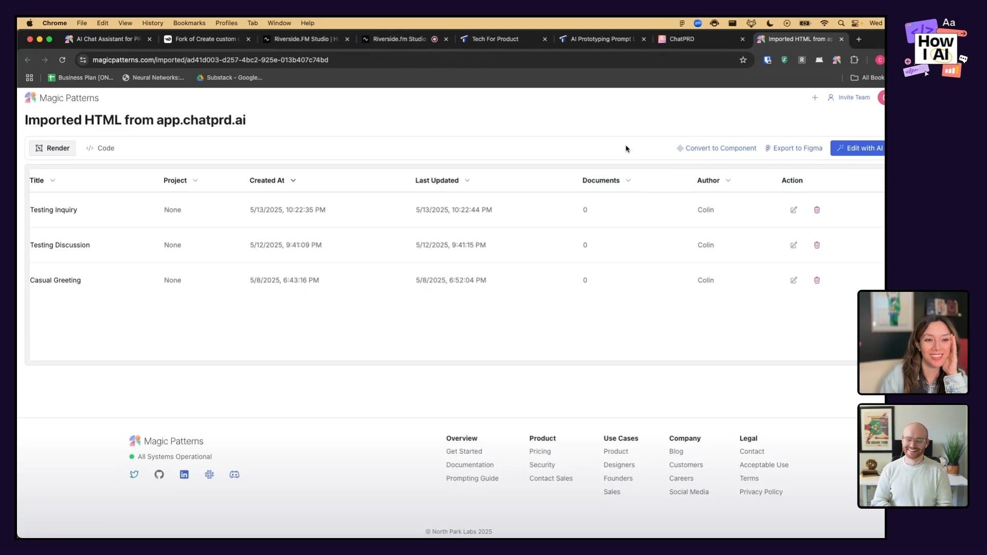A demonstration of the Magic Patterns Chrome extension being used on the ChatPRD web application, highlighting a data table containing 'Chats' for extraction. The extension's context menu provides options like 'Activate Extension' and 'Select Parent'.