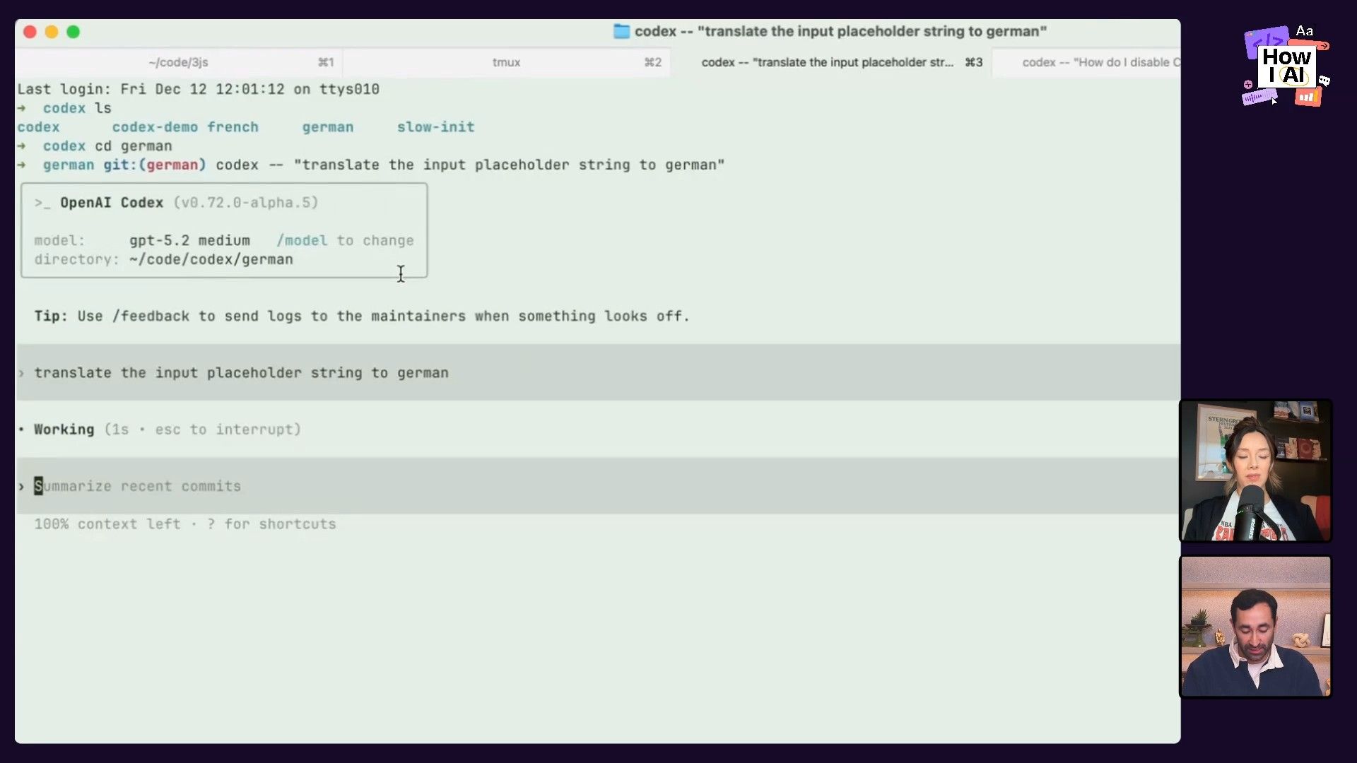 A technical demonstration showing an active terminal window with multiple tabs. The screen displays various `codex` commands, including directory navigation and a file listing, alongside a partial AI prompt to `codex` asking 'How do I disable C...'. This illustrates interaction with a development tool or AI assistant via the command line.
