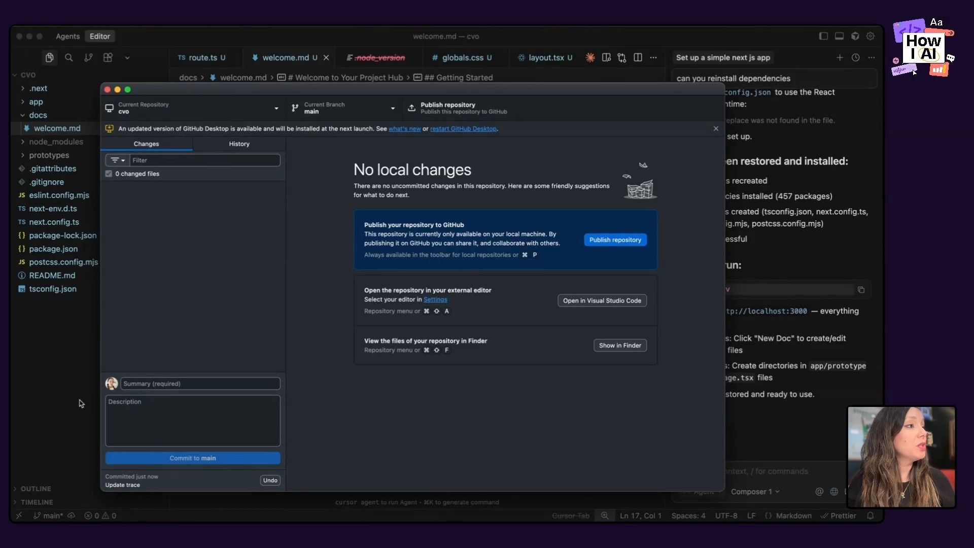 A developer's screen showcasing the GitHub Desktop interface with an extensive list of committed files for a Next.js project, alongside a VS Code editor and terminal output.