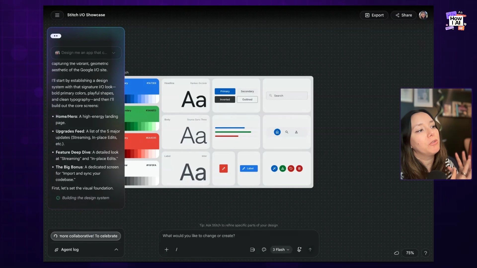 The Stitch interface showing the mobile app design being streamed onto the canvas