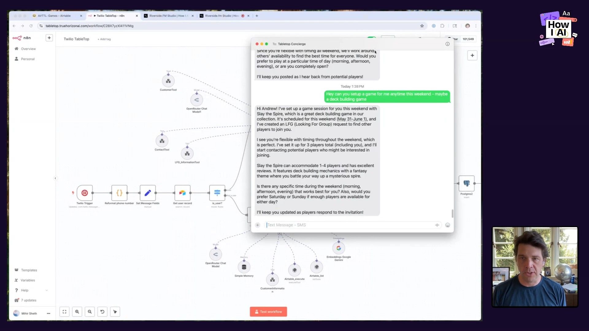 A screenshot of an n8n workflow for a 'Tabletop Concierge' AI agent, demonstrating an automation flow with nodes for Twilio, Airtable, and AI models. An overlaid chat window shows the AI successfully responding to a user's request to set up a game session.