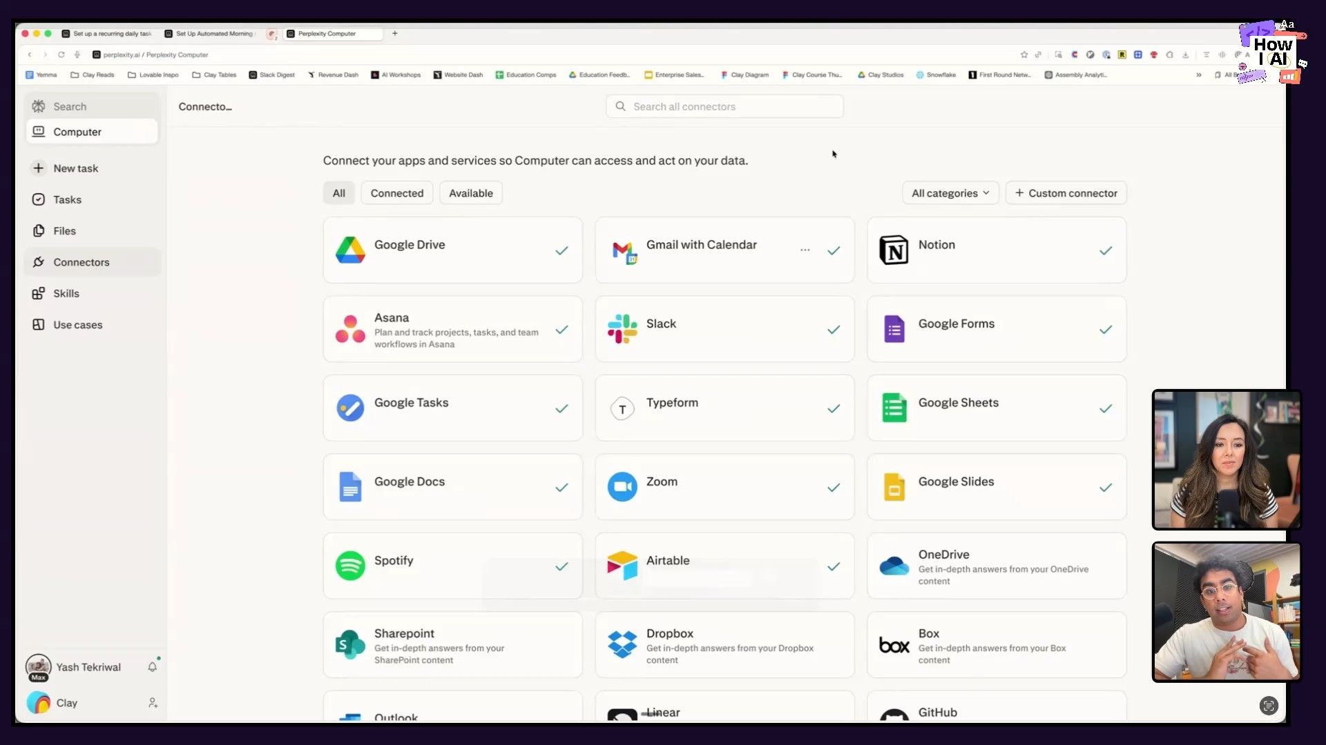 A detailed view of the Clay (Perplexity Computer) 'Connectors' interface, showcasing a wide array of applications like Google Drive, Slack, Notion, and Asana that can be integrated to allow the AI to access and act on user data.
