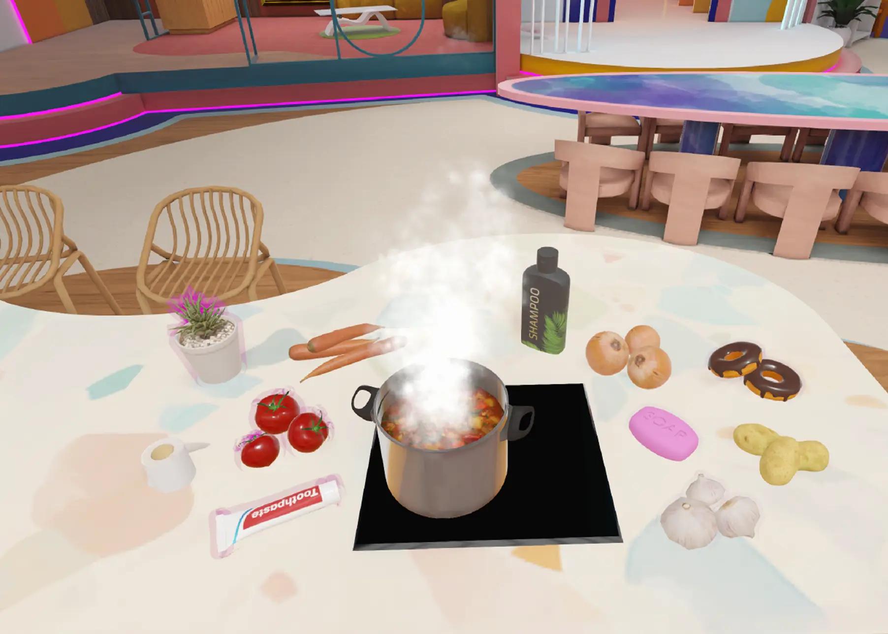 3D kitchen with soup pot and ingredients cooking game
