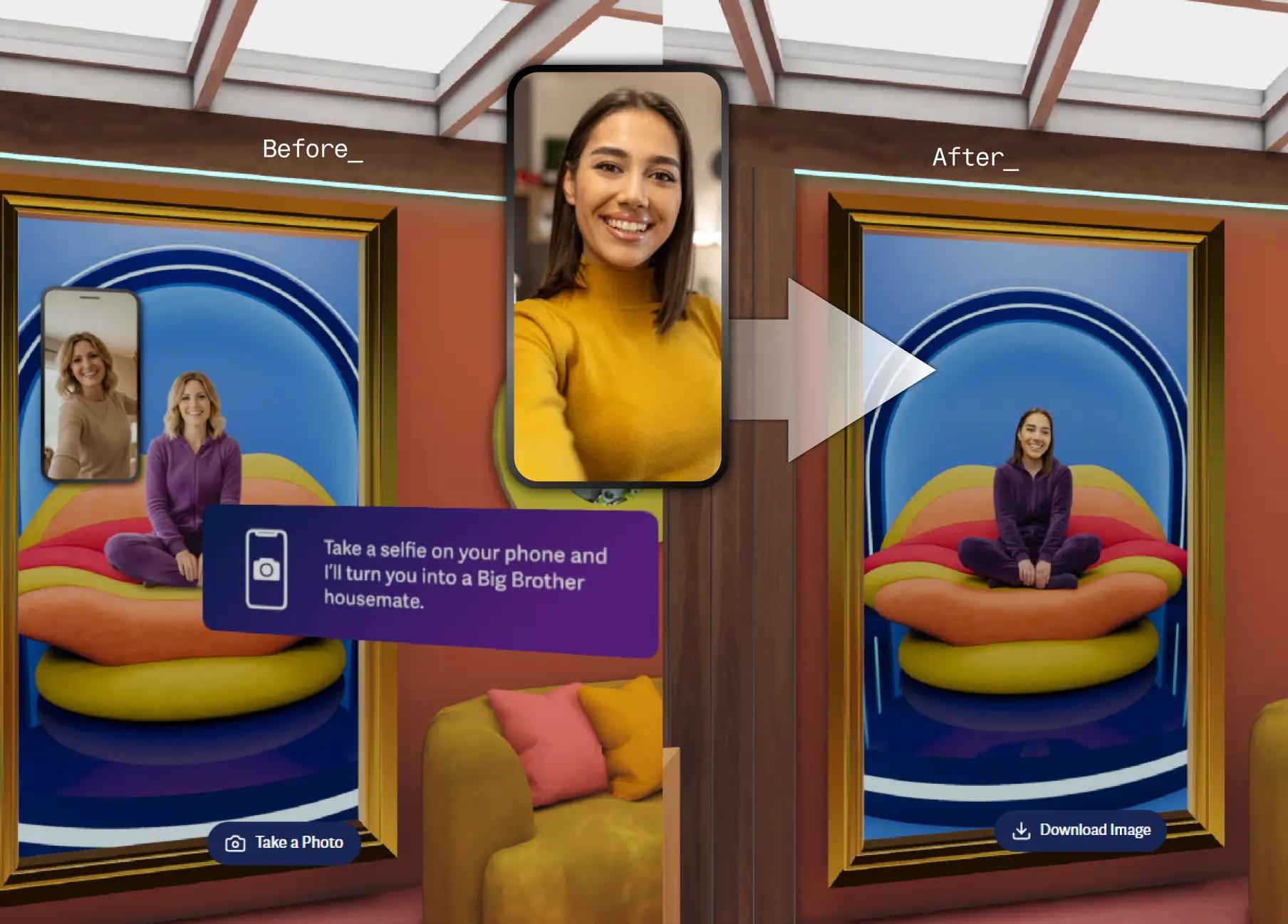 Mobile phone with selfie changing image on wall in frame in 3D house game