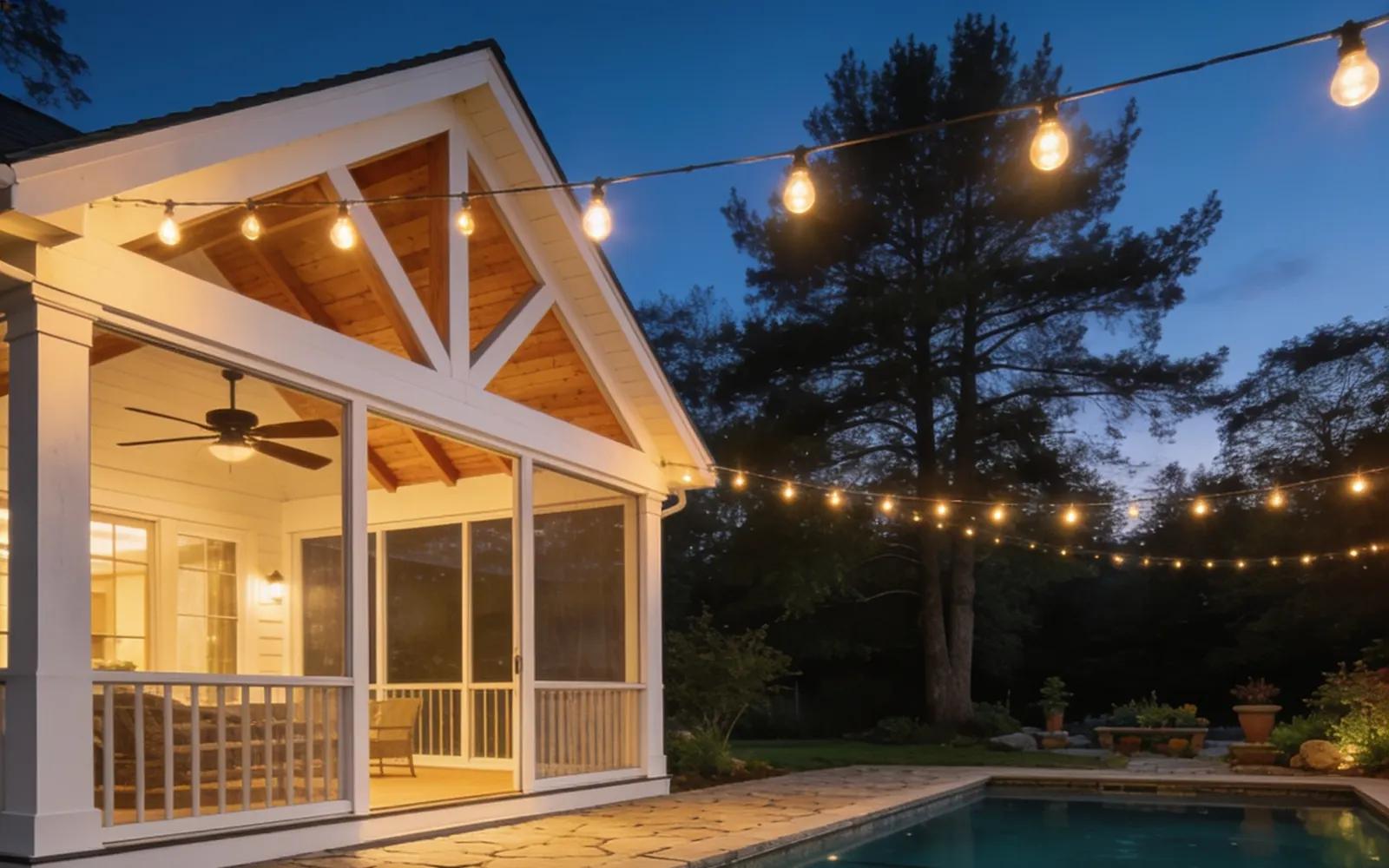 White timber pavilion with screened porch beside a backyard pool at dusk