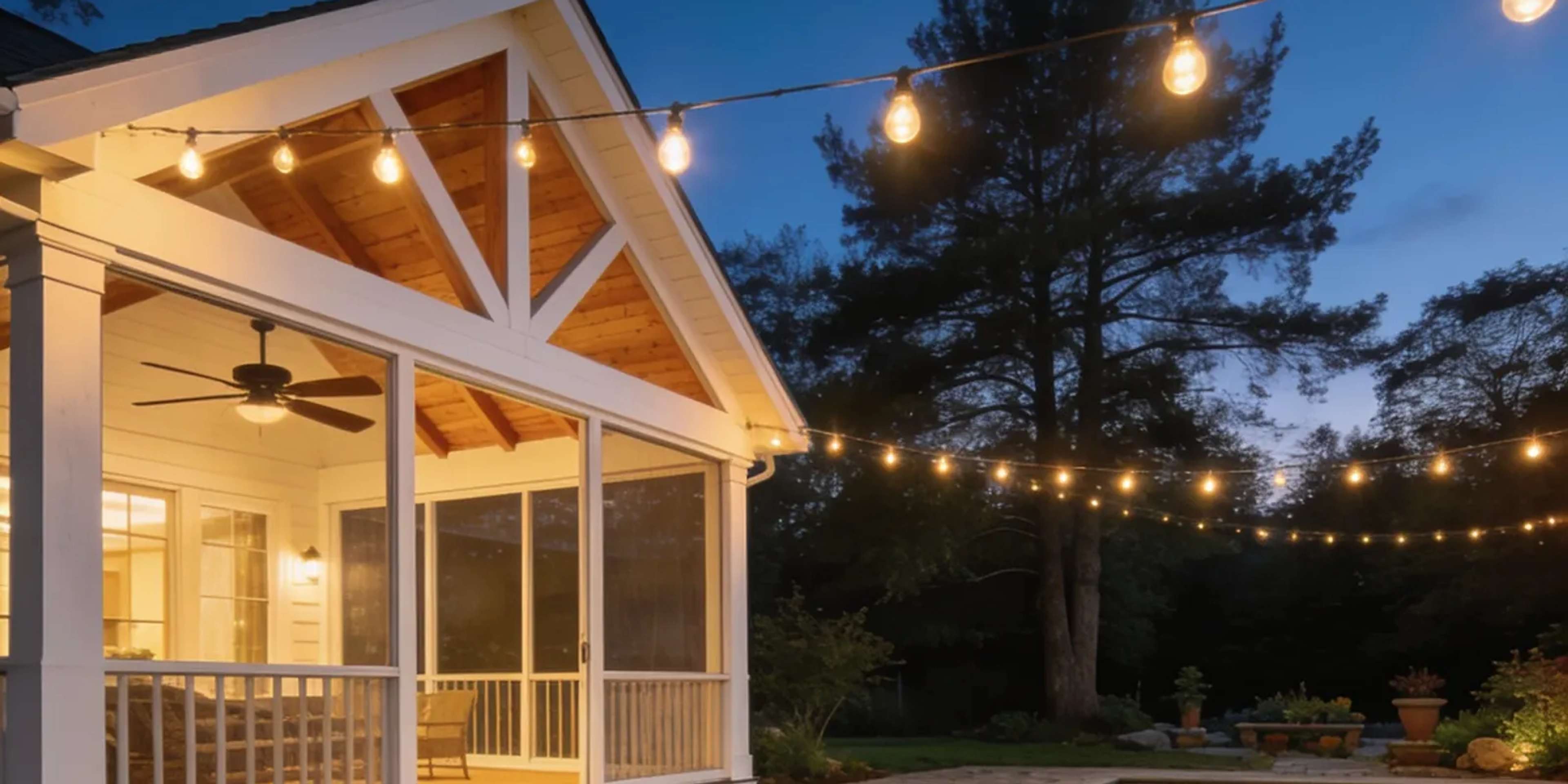 White timber pavilion with screened porch beside a backyard pool at dusk