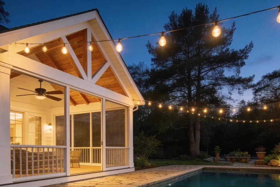 White timber pavilion with screened porch beside a backyard pool at dusk