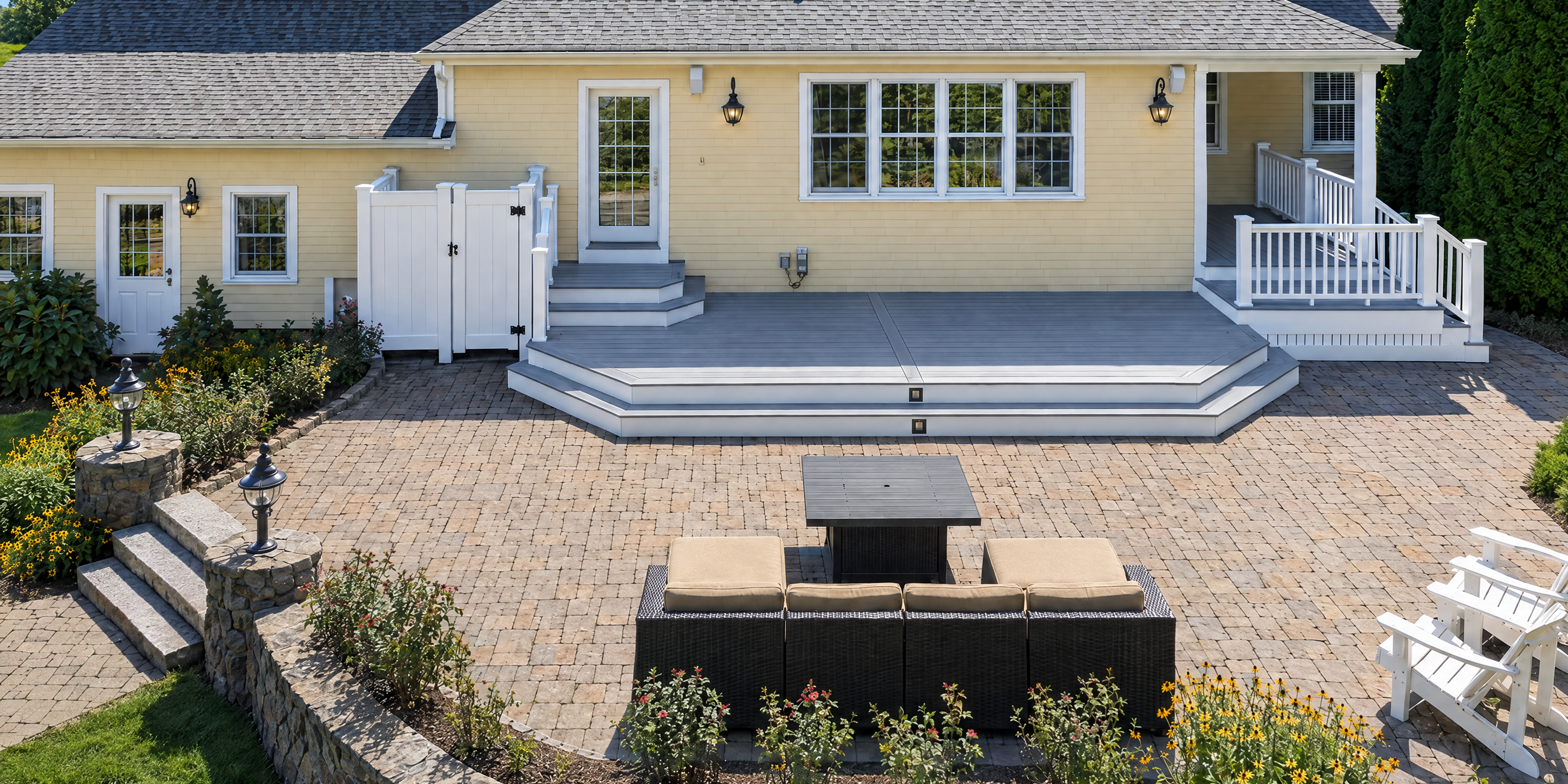 Elevated front view of a finished gray deck with wide steps and white railings behind a yellow home