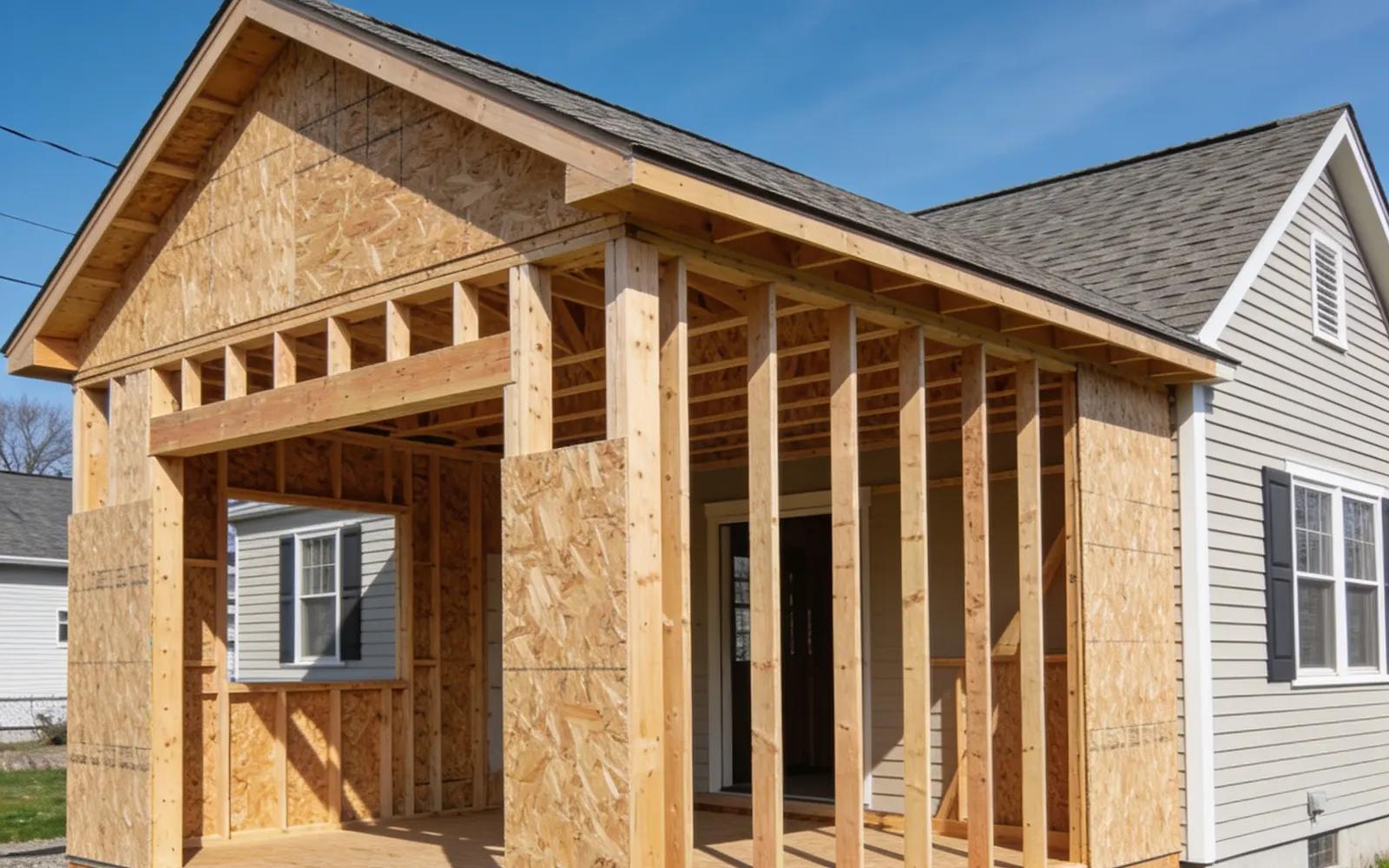 Home addition under construction with fresh lumber framing on a New England cape