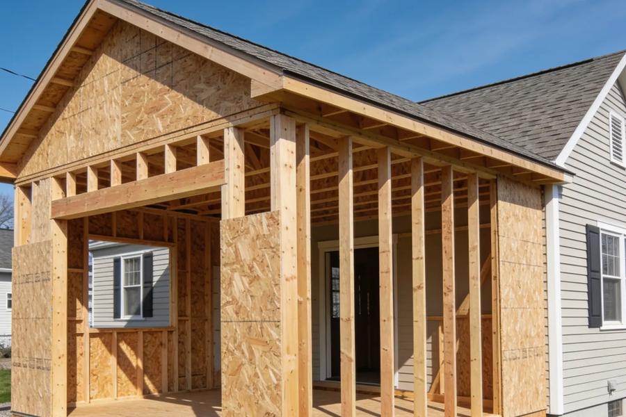 Home addition under construction with fresh lumber framing on a New England cape