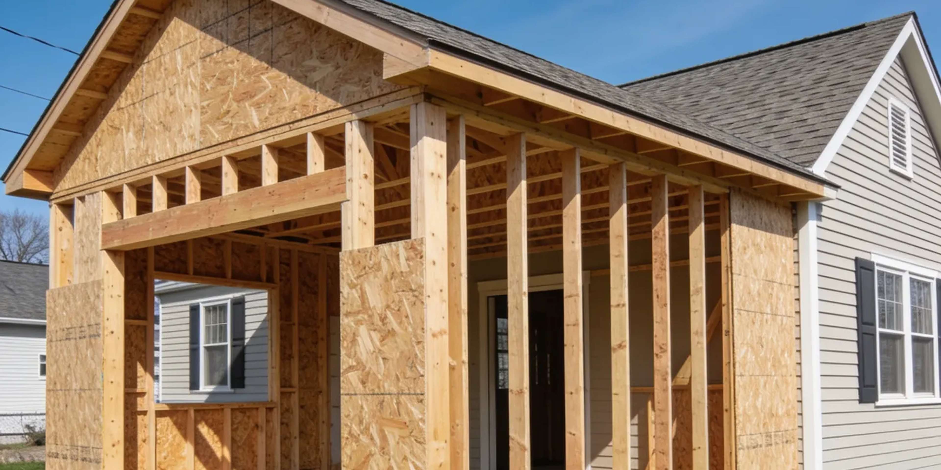 Home addition under construction with fresh lumber framing on a New England cape