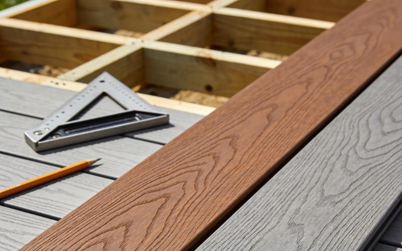 Two composite decking board samples side by side on a deck under construction