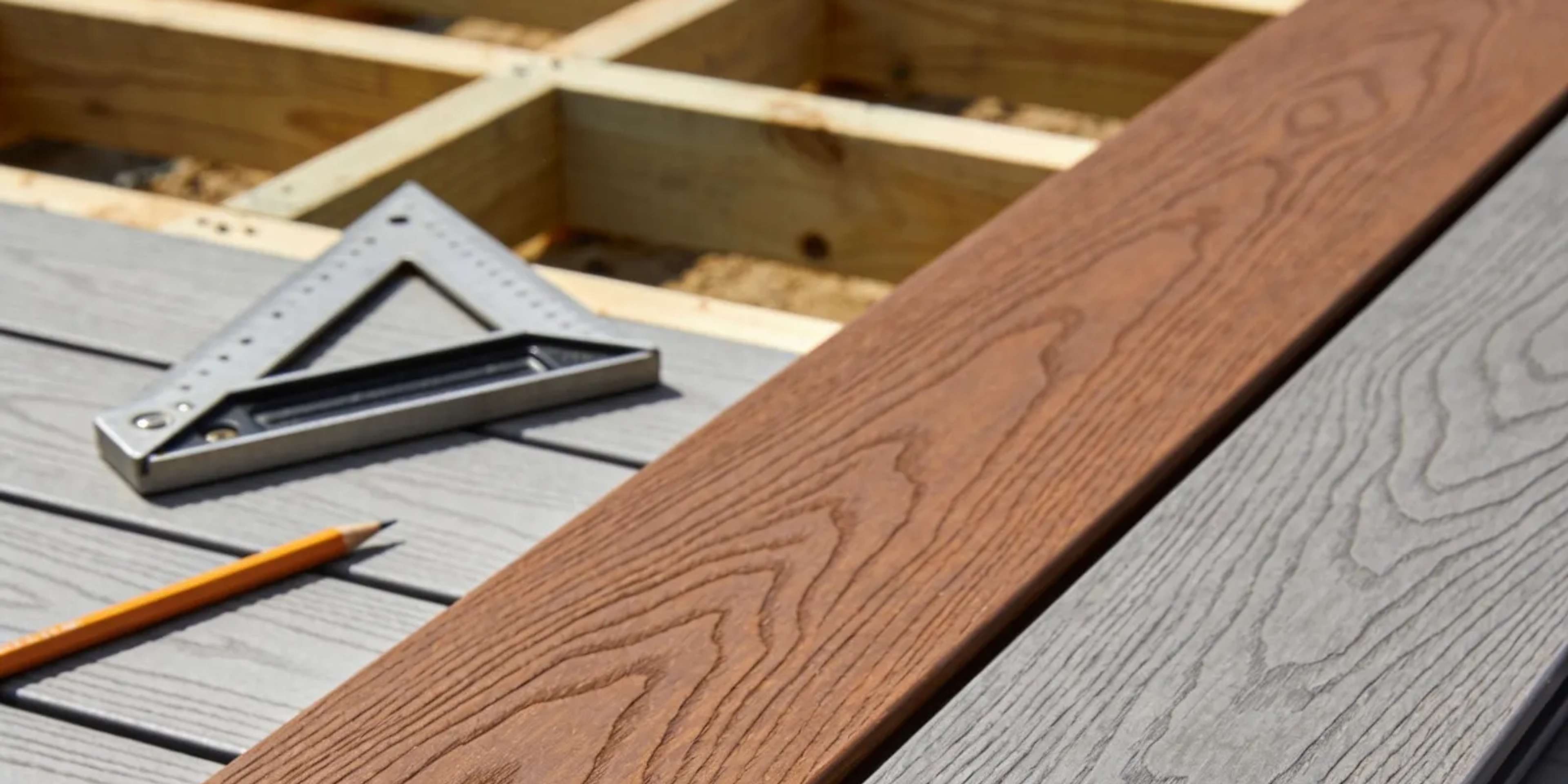 Two composite decking board samples side by side on a deck under construction