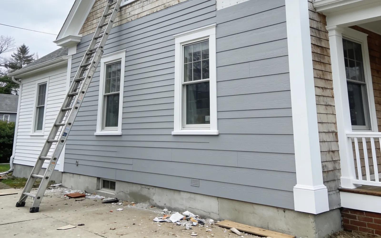 Massachusetts colonial home getting new light gray clapboard siding with white trim