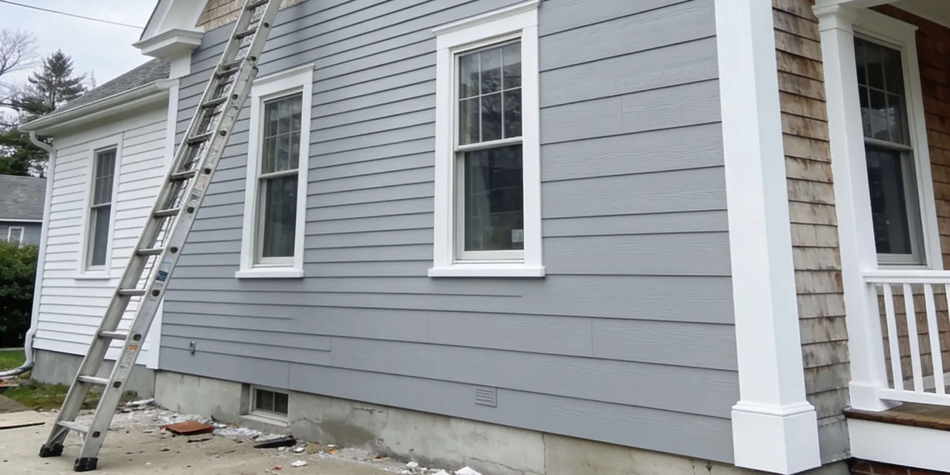 Massachusetts colonial home getting new light gray clapboard siding with white trim