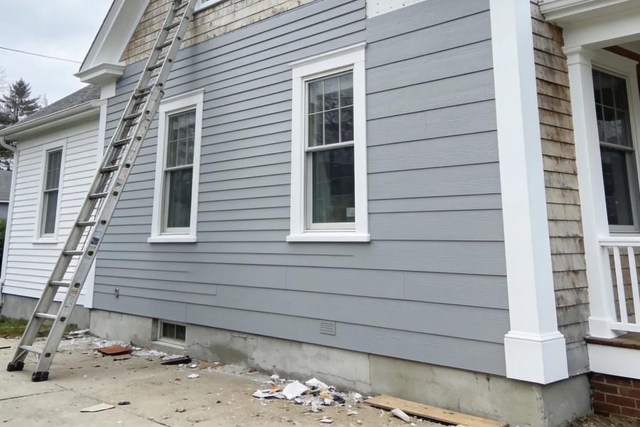 Massachusetts colonial home getting new light gray clapboard siding with white trim