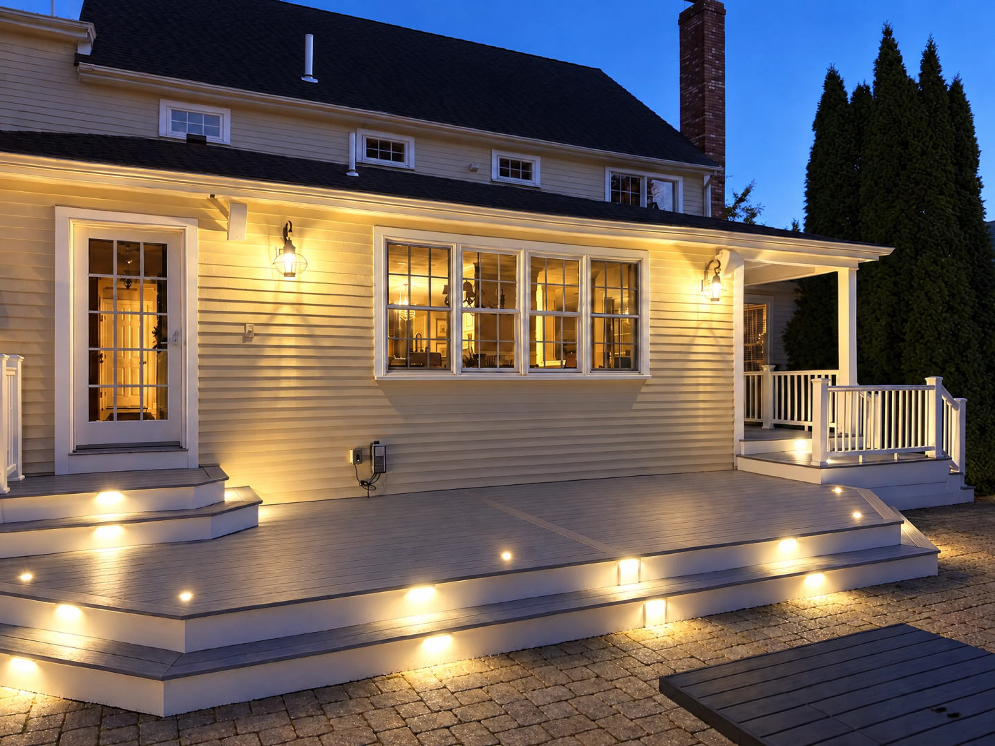 Gray deck with illuminated steps and white porch railings at dusk