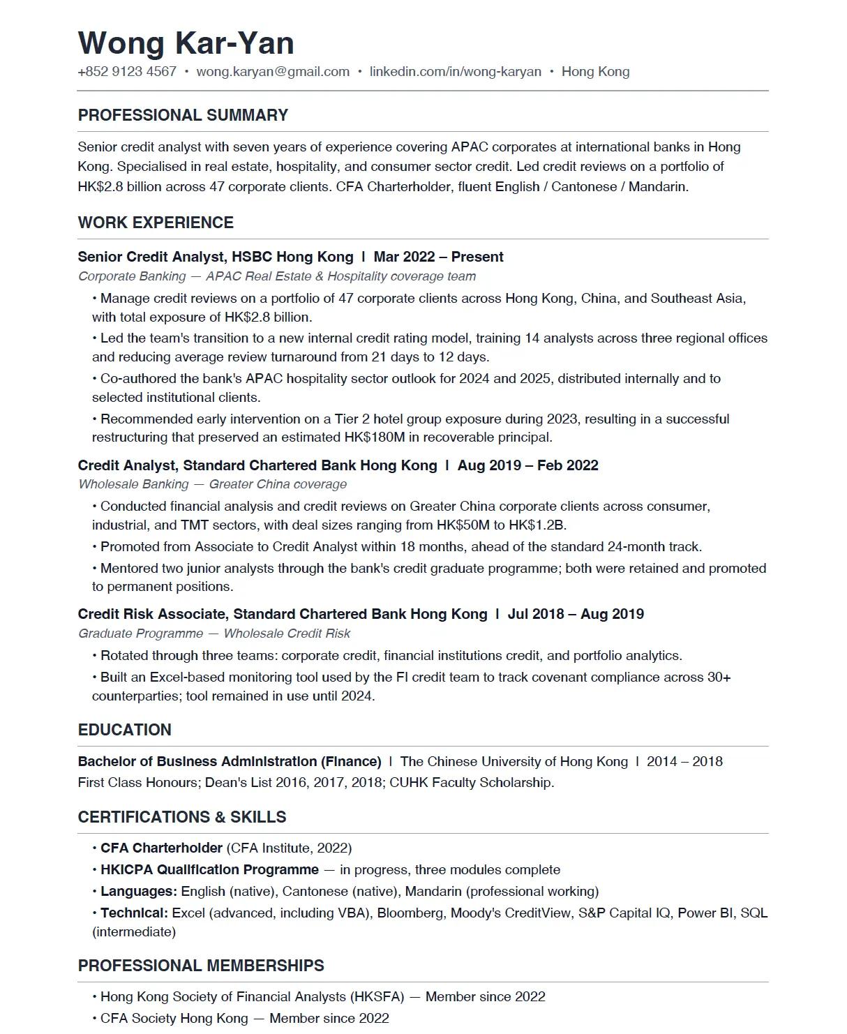Sample 1 Page Resume for Hong Kong