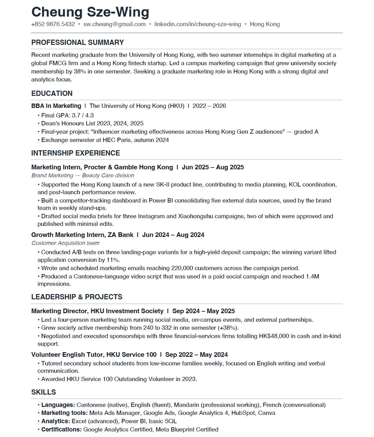 Sample resume for a fresh graduate