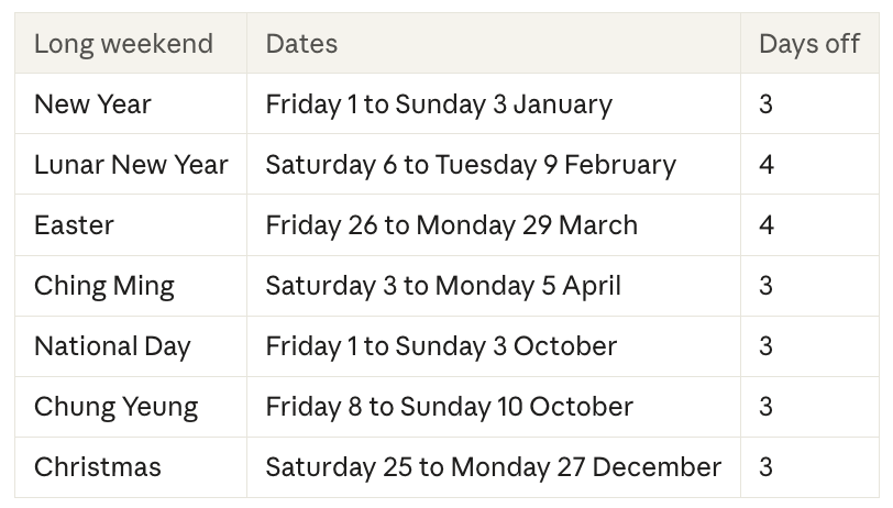 Long weekends in 2027 Hong Kong