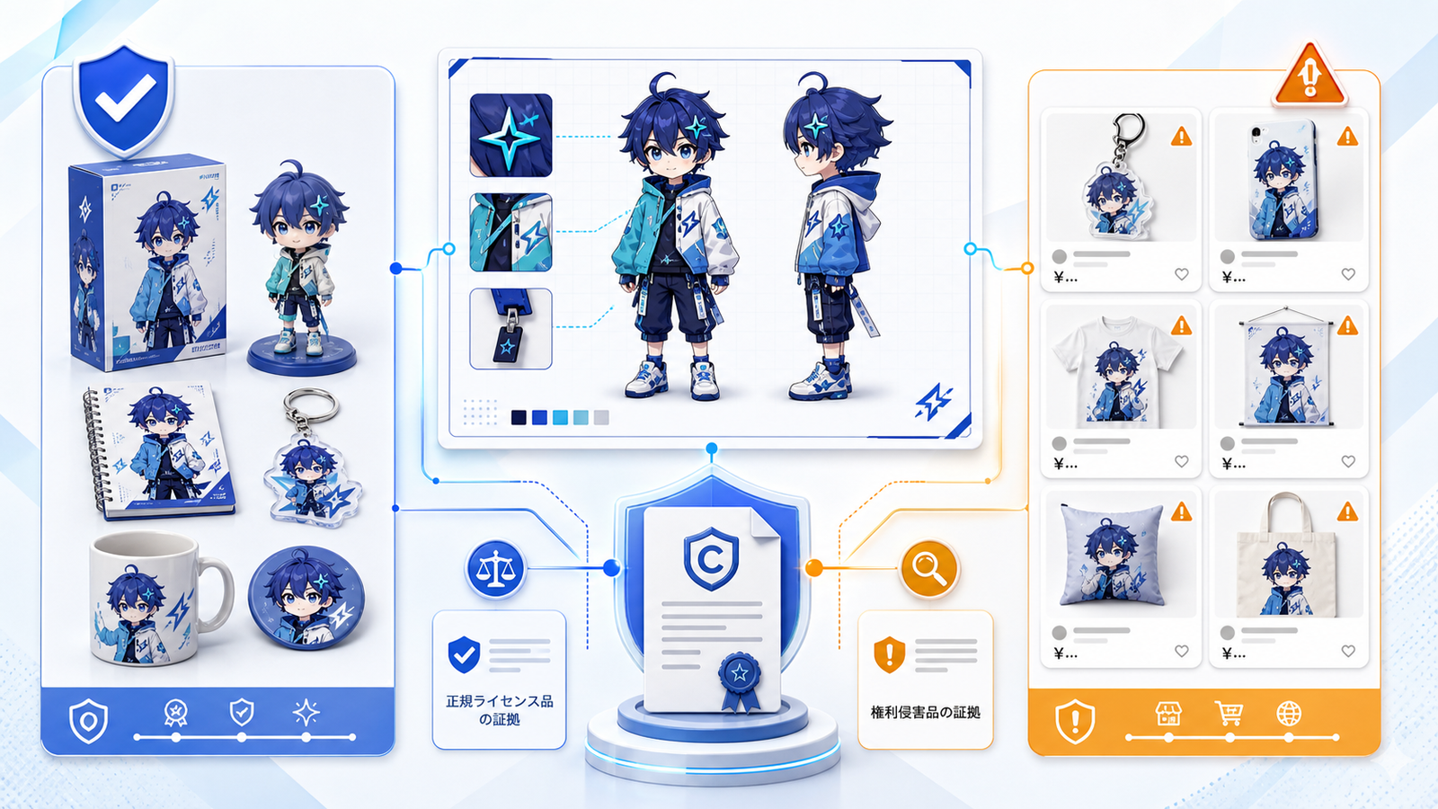 オリジナルキャラクターの設定資料と正規商品、無許諾出品を比較した著作権証明の概念図