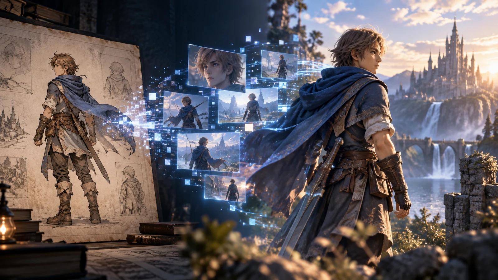 架空のゲームキャラクターの設定画と、AIで再構成された映像を並べたイメージ