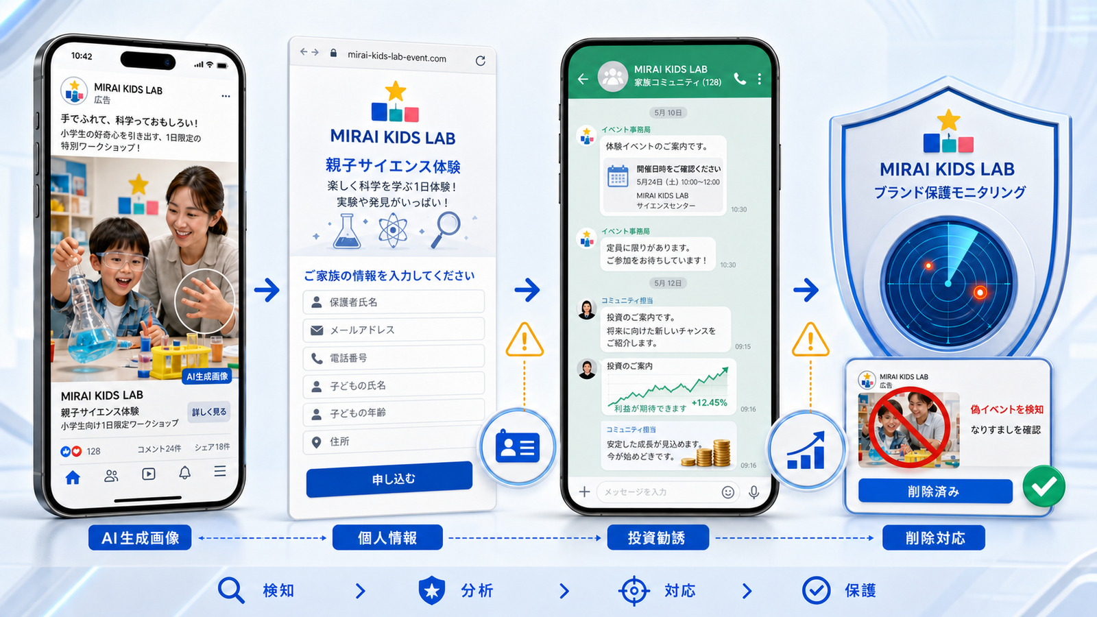 架空ブランドのAI生成イベント広告が個人情報入力、メッセージグループ、投資勧誘へつながり、監視によって削除される流れ
