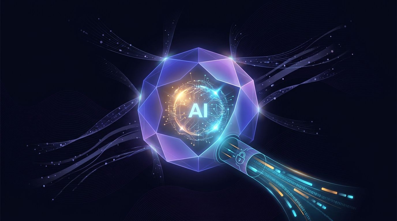 Abstract illustration of a shielded AI core with a single gated channel and lock motif, representing centralized AI governance