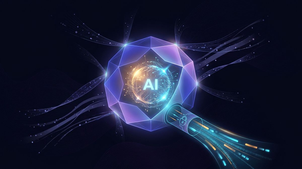 Abstract illustration of a shielded AI core with a single gated channel and lock motif, representing centralized AI governance