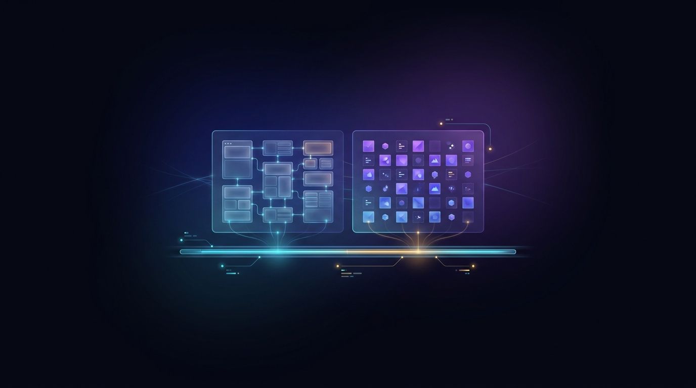 Abstract illustration of two adjacent modules — a page-template lattice and an asset repository grid — sharing one governance rail, representing AEM Sites and AEM Assets