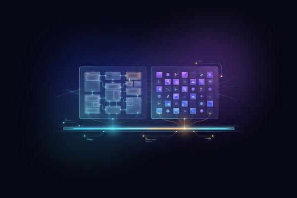 Abstract illustration of two adjacent modules — a page-template lattice and an asset repository grid — sharing one governance rail, representing AEM Sites and AEM Assets