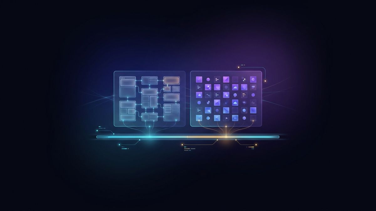Abstract illustration of two adjacent modules — a page-template lattice and an asset repository grid — sharing one governance rail, representing AEM Sites and AEM Assets
