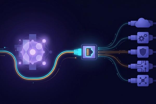 Abstract illustration of an AI core connecting through a standardized universal port to multiple enterprise system connectors, representing MCP