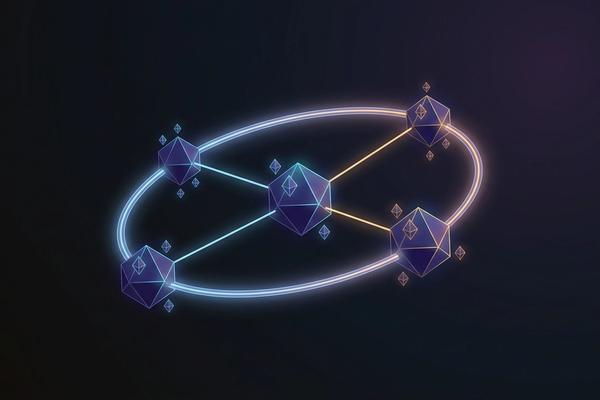 Abstract illustration of interlinked object entities with property facets and a lifecycle ring threading through them, representing a scalable CRM data model