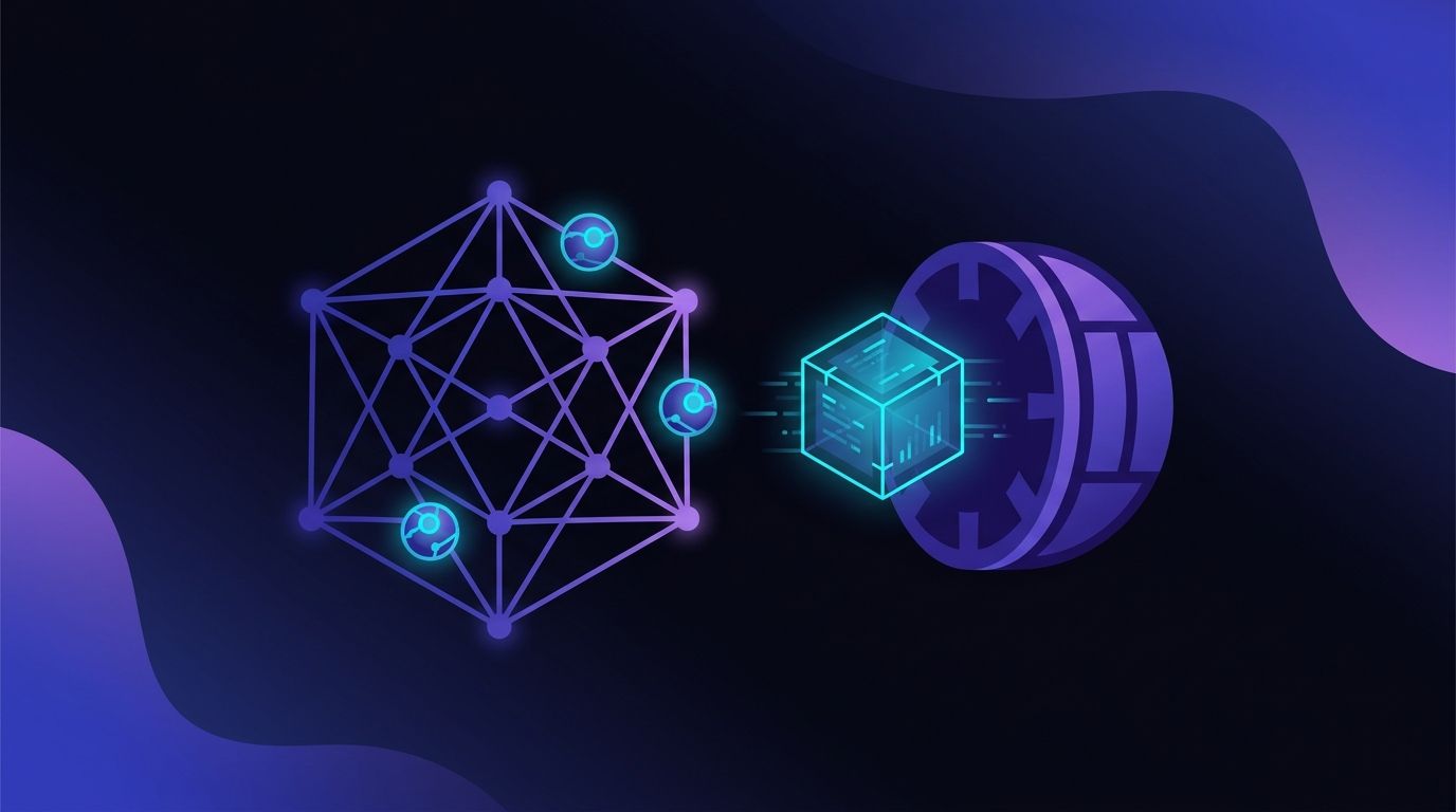 Abstract illustration contrasting individual nodes joining an existing team lattice against a whole scope handed to a separate enclosed block, representing the two staffing models