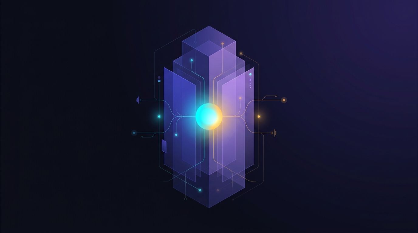 Abstract illustration of a layered platform monolith with a bright AI core igniting at its center, representing native AI infrastructure