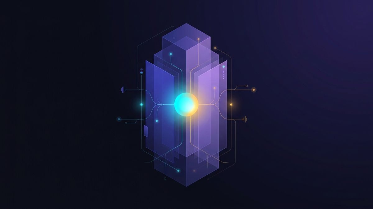 Abstract illustration of a layered platform monolith with a bright AI core igniting at its center, representing native AI infrastructure