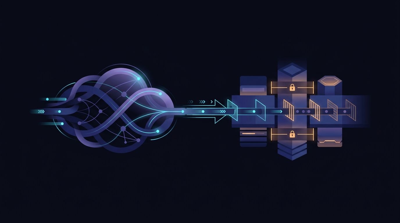 Abstract illustration of two distinct systems linked by a governed queue bridge, one fast and fluid, one structured, representing CRM and content operations integrated