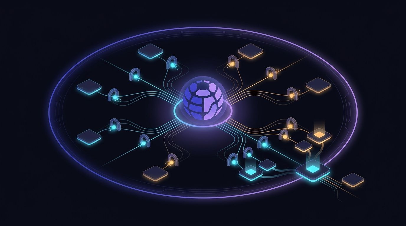 Abstract illustration of a governed content core feeding many regional site surfaces through staged approval gates, representing AEM at enterprise scale