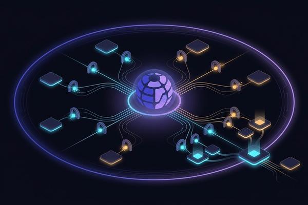 Abstract illustration of a governed content core feeding many regional site surfaces through staged approval gates, representing AEM at enterprise scale