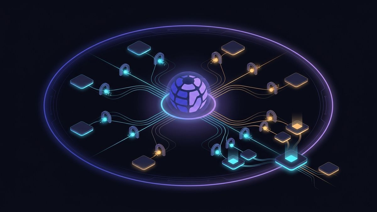 Abstract illustration of a governed content core feeding many regional site surfaces through staged approval gates, representing AEM at enterprise scale