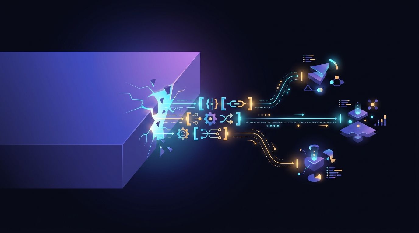 Abstract illustration of a large platform block with a glowing gap bridged by modular custom connectors, representing the 20% integration gap