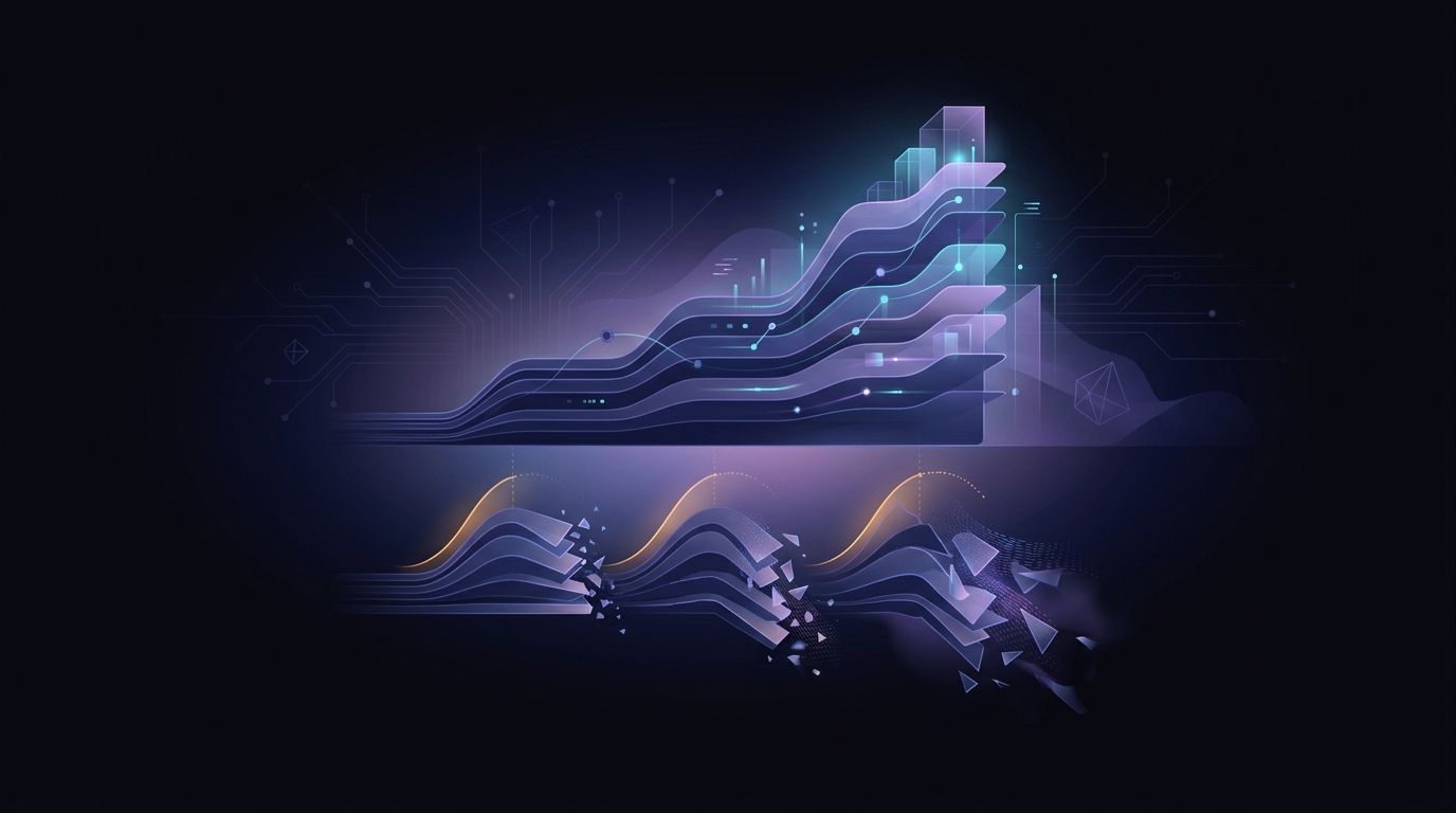 Abstract illustration comparing a continuously accumulating knowledge stack against one that repeatedly resets, representing contractor turnover cost