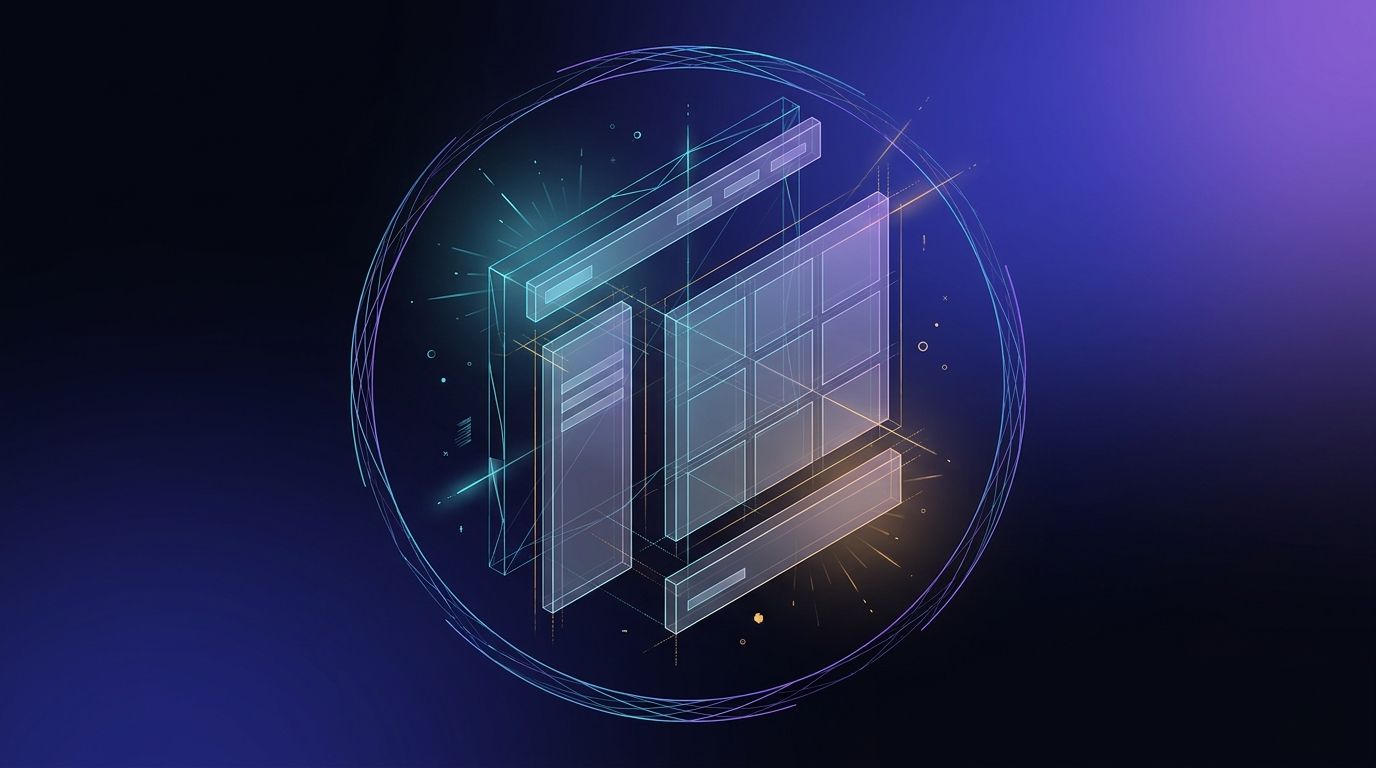 Abstract illustration of a modular site skeleton whose header, footer, and template blocks lift out as editable panels, representing Full Site Editing