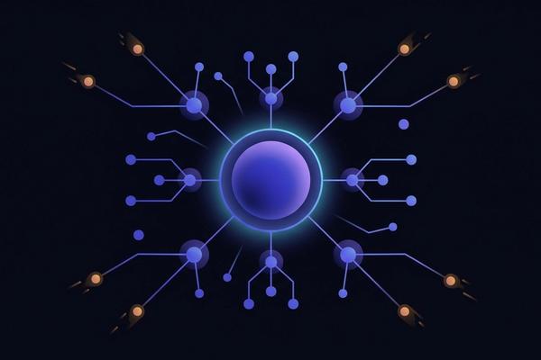 Abstract illustration of one central core governing a constellation of linked satellite sites, representing WordPress Multisite