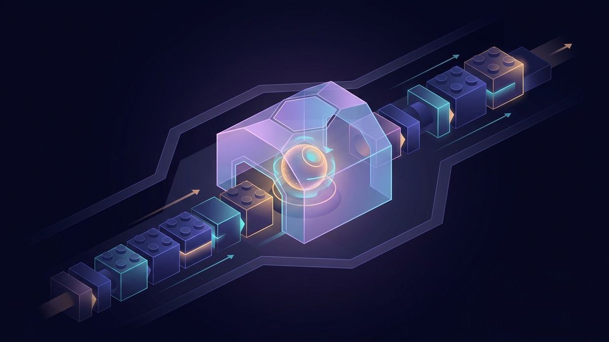 Abstract illustration of composable AI building blocks assembling into a guarded automated workflow pipeline, representing the Claude SDK