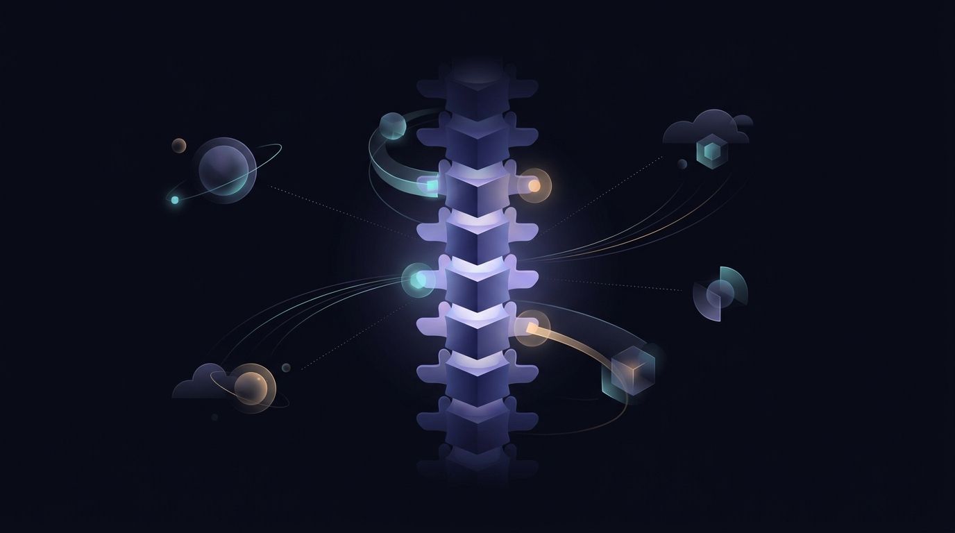 Abstract illustration of a glowing central spine with orbiting data nodes, representing a CRM acting as the enterprise revenue backbone
