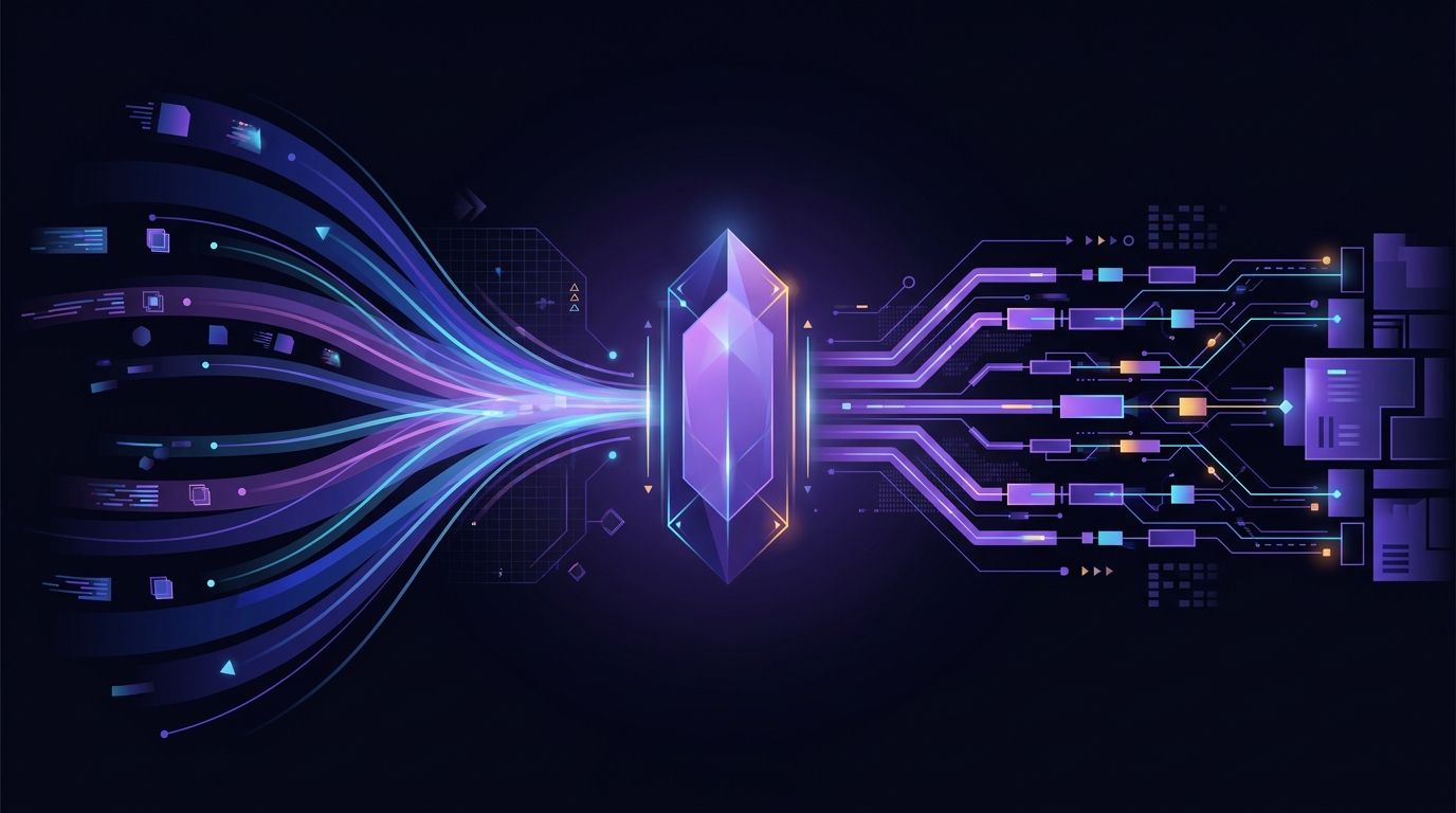 Abstract illustration of many inbound request streams converging on a single governed gateway node that routes them onward, representing an API gateway