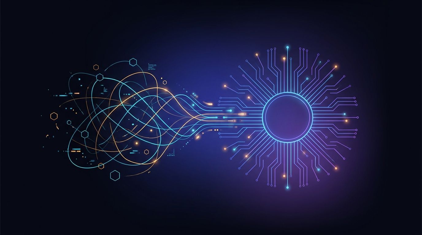 Abstract illustration of tangled scattered plugin connections converging into a single clean central hub, representing the end of AI plugin chaos